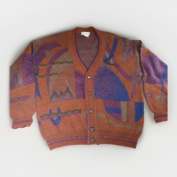 Vintage Vivaldi Cardigan Sweater Size L Abstract Coogi Style 80s Alpaca Italy - Picture 2 of 10